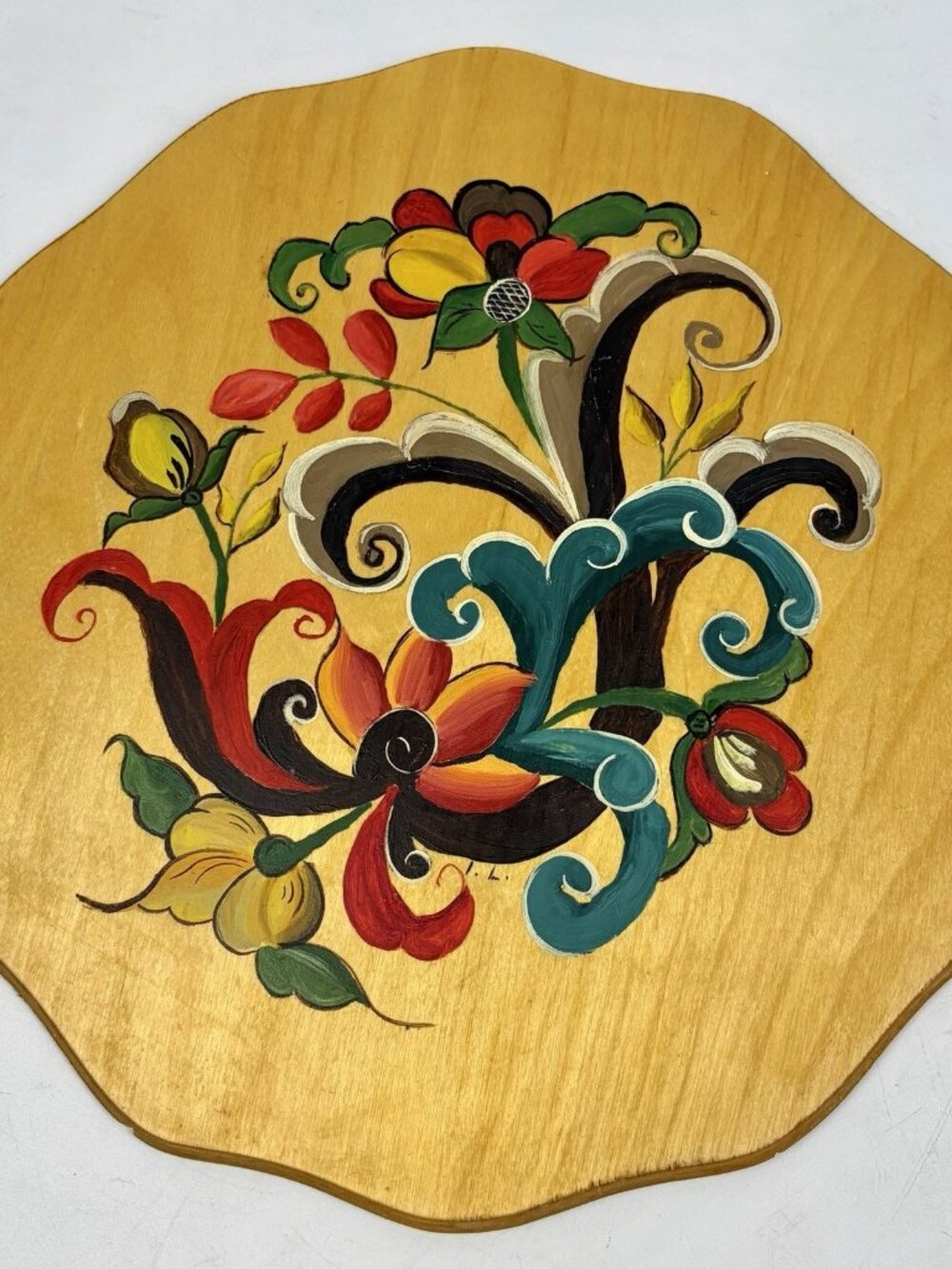 NORWEGIAN ROSEMALING Wood Plate Plaque Hand Painted One Of A Kind Signed 11.5”